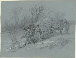Hippolyte Lalaisse Prints: Workmen Gathering Ice at the Water's Edge, c. 1850. Creator: Hippolyte Lalaisse