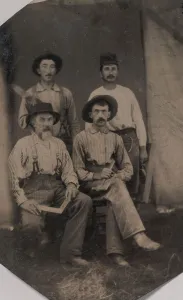 Tintype Prints: Four Workmen Holding Different Tools: Square, Hatchet, Wood Plane, and Trowel, 1860s-70s