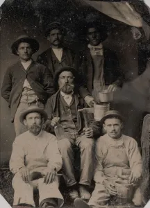 Glass Bottle Collection: Six Workmen Holding Various Trade Tools: Paint Brushes, Bucket, Glass Bottle, and Ha