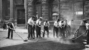 Roadworks Prints: Workmen laying tar and asphalt in Cornhill, London, 1926-1927. Artist: McLeish