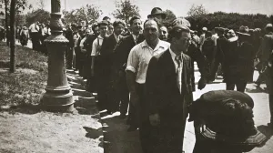 Thirsty Prints: Workmen queuing for water, Battery Park, New York, USA, early 1930s