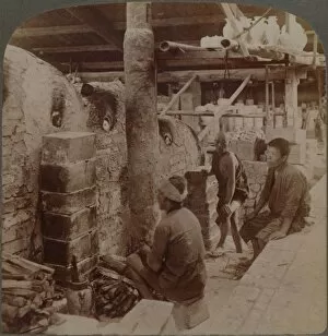 Kiln Gallery: Workmen watching kilns of precious Awata porcelain, in Kinkosan works, Kyoto, Japan, 1904