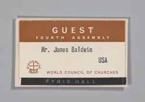 Badges Prints: World Council of Churches guest badge for James Baldwin, July 1968. Creator: Unknown