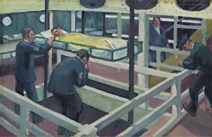 Oil On Board Prints: World War I: a hospital ship showing lift for transferring wounded sailors from deck to deck