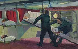 Stretcher Prints: World War I: improvised accommodation for wounded in a man of war