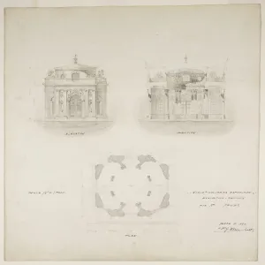 Cross Section Prints: Worlds Colombian Exposition Chocolate-Menier Pavilion, Chicago, Plan, Elevation