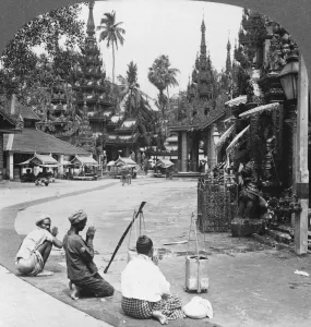 Rangoon Prints: Worshipping before an idol, Shwedagon Pagoda