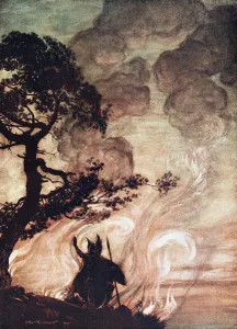 Wotan turns and looks sorrowfully back at Brunnhilde. Illustration for The Rhinegold and The Valkyr Artist: Rackham Wotan turns and looks sorrowfully back at Brunnhilde. Illustration for The Rhinegold and The Valkyr Artist: Rackham