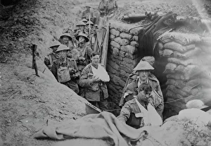 Sand Bag Prints: Wounded British in trench, 18 Aug 1918. Creator: Bain News Service