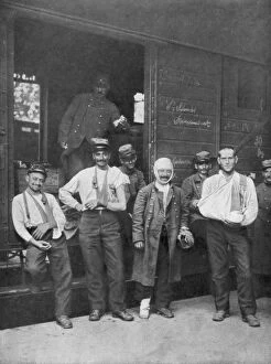 Cheerful Gallery: Wounded French soldiers on the way to hospital by train France, 1914