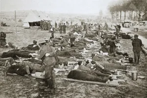 Stretcher Case Collection: Wounded men waiting to be taken away to a clearing station, France, World War I, 1916