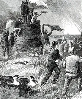 Indian Ocean Prints: Wreck of the Strathmore on the Crozet Islands: Turf Tower erected by the Survivors