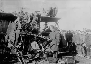 Inspecting Prints: Wrecked GOTHA, 1917. Creator: Bain News Service