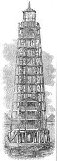 Wrought-iron lighthouse on the Ushruffee Reef, in the Strait of Jubal, in the Red Sea, 1862. Creator: Unknown