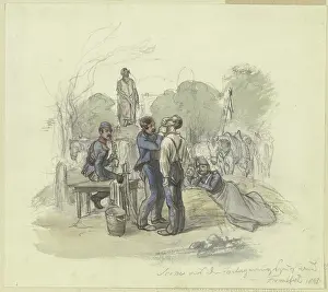 Reclining Prints: Wurttemberg cavalry on Goetheplatz in Frankfurt am Main in September 1848