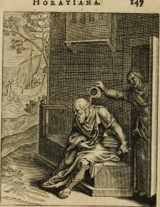 Veen Prints: Xanthippe emptying a chamber pot over Socrates