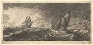 A yacht and three warships in a storm, 1665. Creator: Wenceslaus Hollar