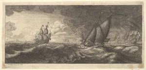A yacht and three warships in a storm, 1665. Creator: Wenceslaus Hollar