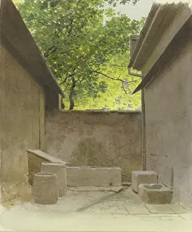 Barrels Prints: Back yard, 1875. Creator: Carl Theodor Reiffenstein