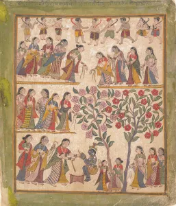 Krishna Prints: Yashoda Binds Krishnas Hands: Page from a Dispersed Bhagavata Purana Manuscript, 1640-50