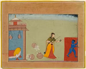 Bhagavatapurana Collection: Yashoda Chastises Her Foster Son, the Youthful Krishna, page from a manuscript of