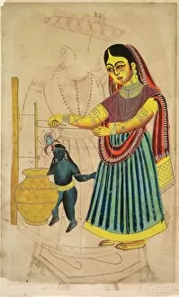 Kalighat Painting Gallery: Yasoda Churning Butter, 1800s. Creator: Unknown