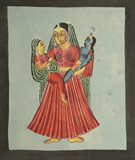 Kalighat Painting Gallery: Yasoda Holding Krishna and Radha, 1800s. Creator: Unknown