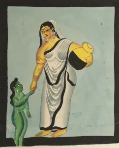 Kalighat Painting Gallery: Yasoda Taking the Infant Krishna for a Walk, 1800s. Creator: Unknown