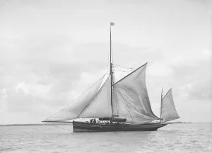 The yawl Roma raising main sail, 1912. Creator: Kirk & Sons of Cowes The yawl Roma raising main sail, 1912. Creator: Kirk & Sons of Cowes