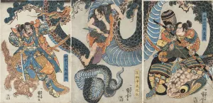 Yegara Heita Tanenaga, Izumi Kojiro Chikahira and Wada Kojiro Yoshishige battling a giant python