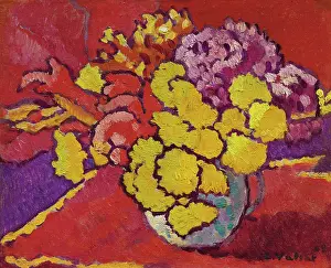 Yellow flowers, red drapery (Fleurs jaunes, draperie rouge), 1944. Creator: Valtat, Louis (1869-1952)