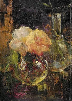 Glass Bottle Prints: Yellow Roses in a Carafe, 1896. Creator: Menso Kamerlingh Onnes