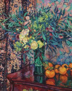 At The Table Prints: Yellow roses, persimmons and mimosas, 1911. Creator: Rysselberghe, Theo van (1862-1926)