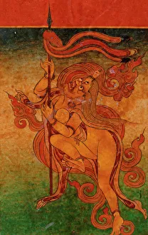 Dharmapala Prints: Yellow Yami (?) with Spear, Nyingmapa Buddhist or Bon Ritual Card