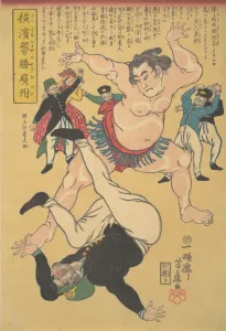 Defeat Collection: Yokohama Sumo Wrestler Defeating a Foreigner, 2nd month, 1861. Creator: Yoshifuji
