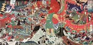 Sea Battle Prints: Yoshitsune Leaps Over Eight Boats at Dannoura Bay during the Battle of Yashima