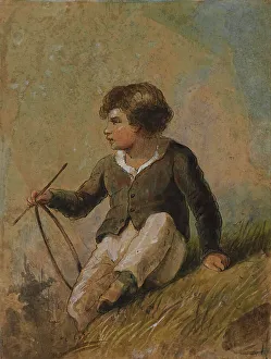 Crayon Prints: Young Boy with Hoop and Stick, mid 19th century. Creator: Alfred Jacob Miller