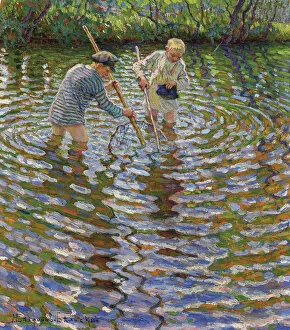 Young boys fishing for crayfish