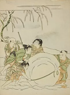 Images Dated 14th December 2021: Five Young Boys Rolling a Large Snowball, c. 1772. Creator: Isoda Koryusai
