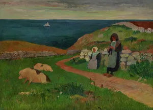 Stone Wall Prints: Young Breton Girls in the Field, about 1890-1891. Creator: Henri Moret