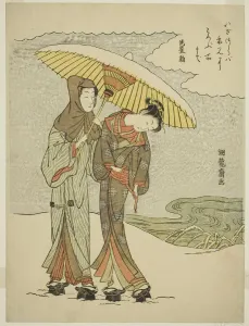 Young Couple Under an Umbrella in the Snow, c. 1770. Creator: Isoda Koryusai