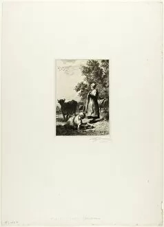 Drypoint Collection: Young Cowherds, c. 1864. Creator: Charles Emile Jacque