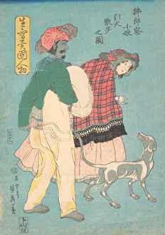 Utagawa Kenjiro Prints: A Young French Lady and a Siamese Servant Taking a Dog for a Walk, November 1860
