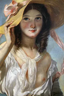 Straw Hat Prints: Young Girl with Flowers, 1843. Artist: Camille Joseph Etienne Roqueplan