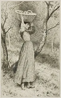 Young Girl in an Orchard with a Basket of Fruit, c.1850. Creator: Birket Foster