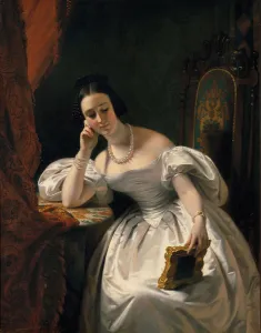 Young girl with a portrait, c. 1840. Creator: Dubufe, Edouard Louis (1819-1883)
