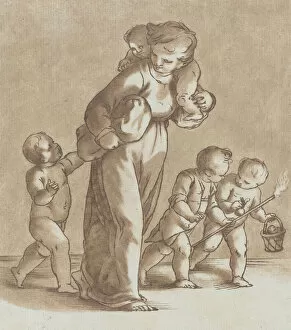 Cambiaso Collection: A young girl walks towards the left with one infant on her shoulder and holding anothe