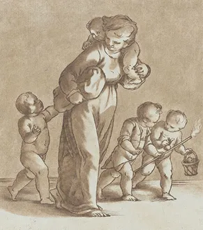 A young girl walks towards the left with one infant on her shoulder and holding anothe