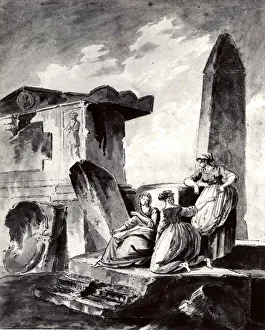 Pen And Black Ink Prints: Three Young Girls by Ruins, ca. 1790. Creator: copy after Hubert Robert