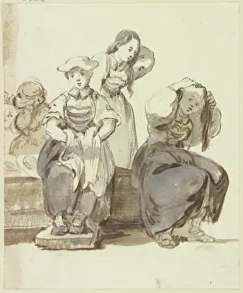 Locals Prints: Four young girls by a well, two of them arranging their hair